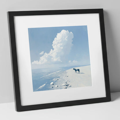 Solitary Coastal Watch horse landscape art print in black frame