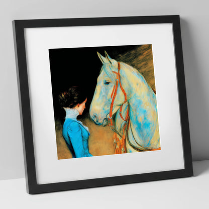 Cerulean Connection horse & rider art print in black frame