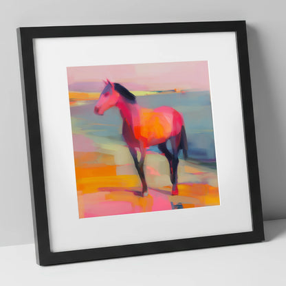 Vivid Shoreline Sentinel horse landscape art print in black frame