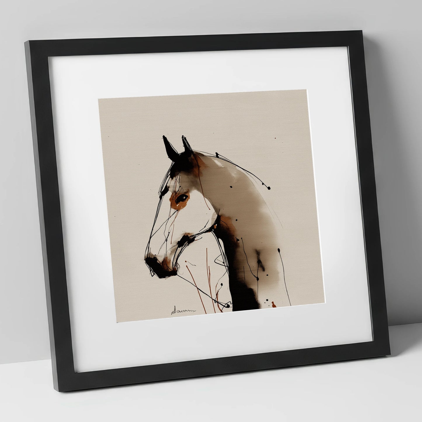 Sepia Ink Silhouette horse portrait art print in black frame