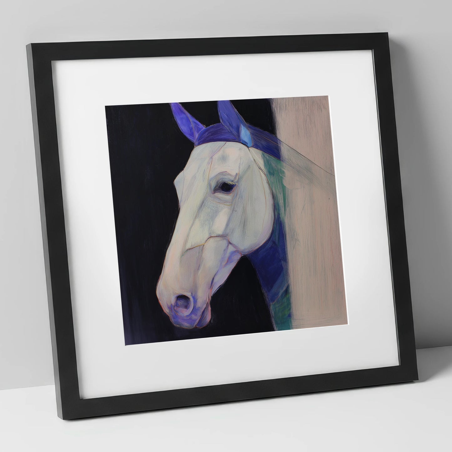 Echoes of Indigo horse portrait art print in black frame