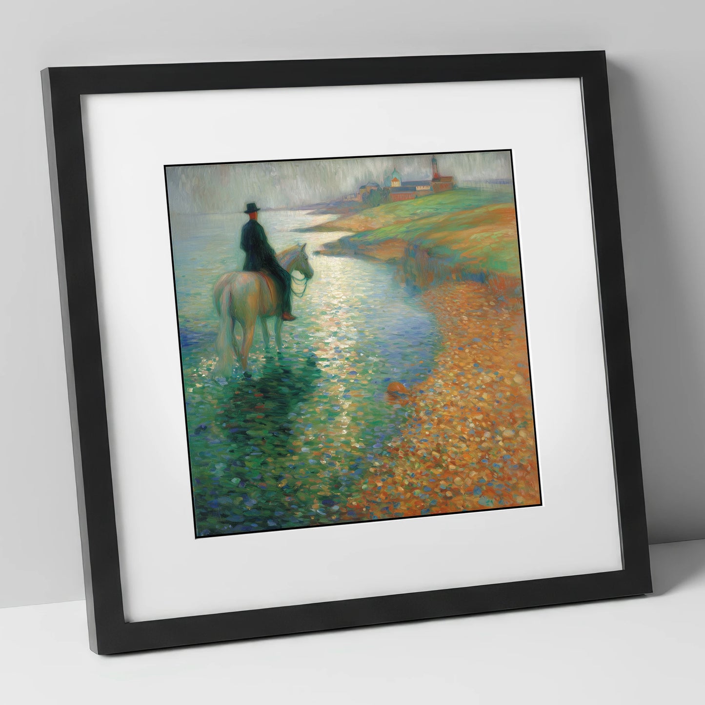 The Shimmering Shore beach horse art print in black frame