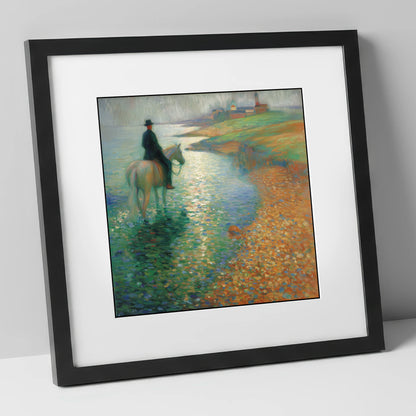 The Shimmering Shore beach horse art print in black frame
