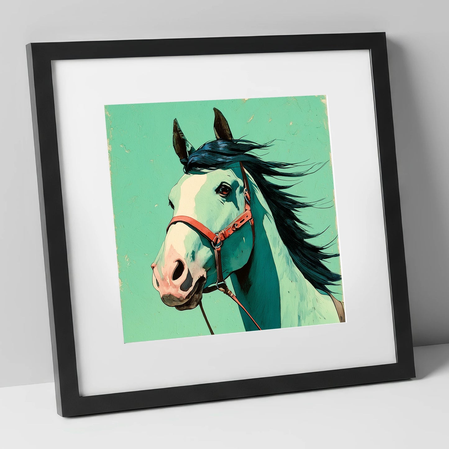 Windswept in Teal horse breed art print in black frame