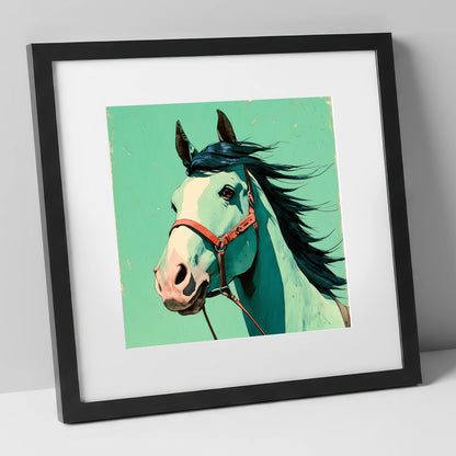Windswept in Teal horse breed art print in black frame