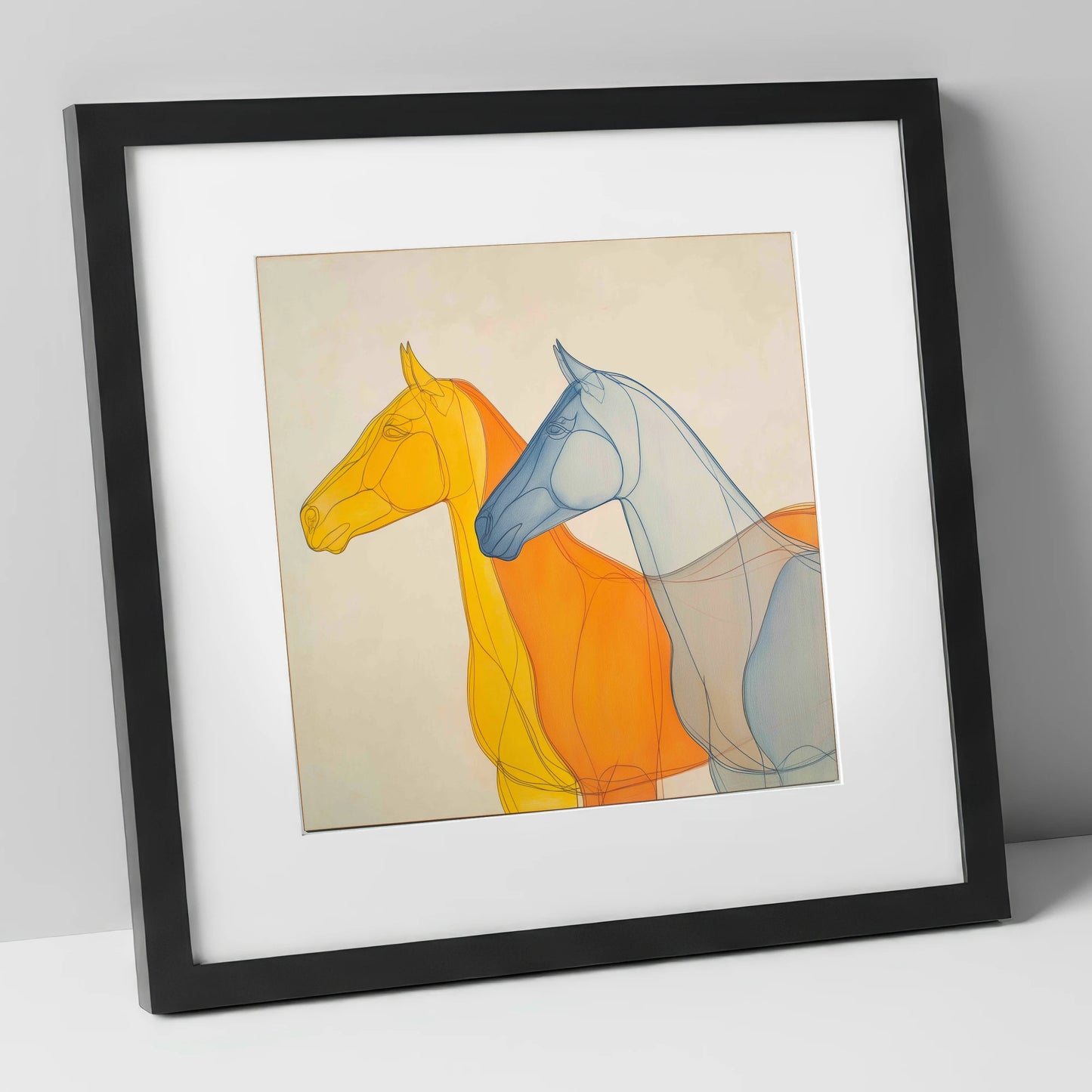 Synchronised Racing Profiles racing horse art print in black frame
