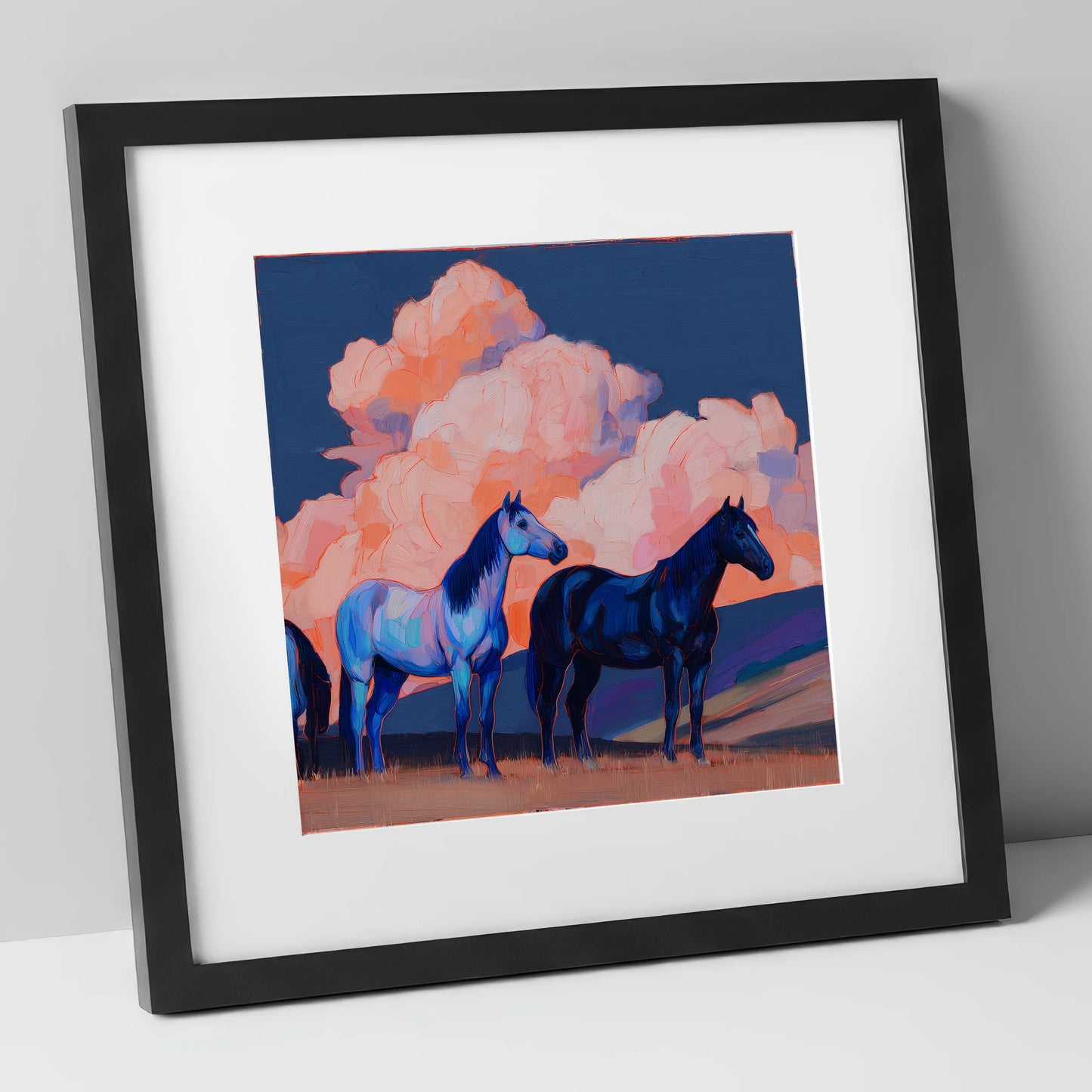 Indigo Horses Beneath Pastel Skies horse landscape art print in black frame