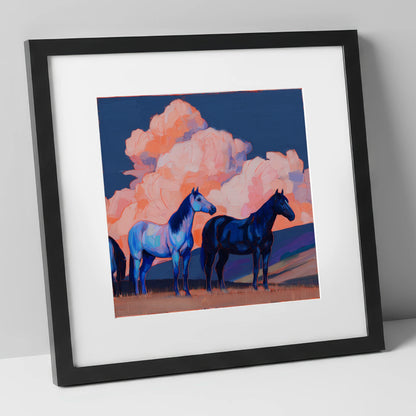 Indigo Horses Beneath Pastel Skies horse landscape art print in black frame