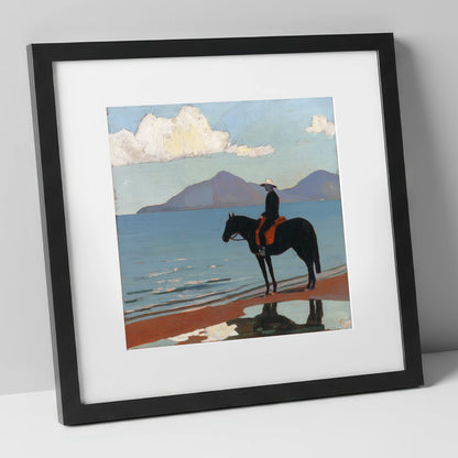 Silhouette on the Sands beach horse art print in black frame
