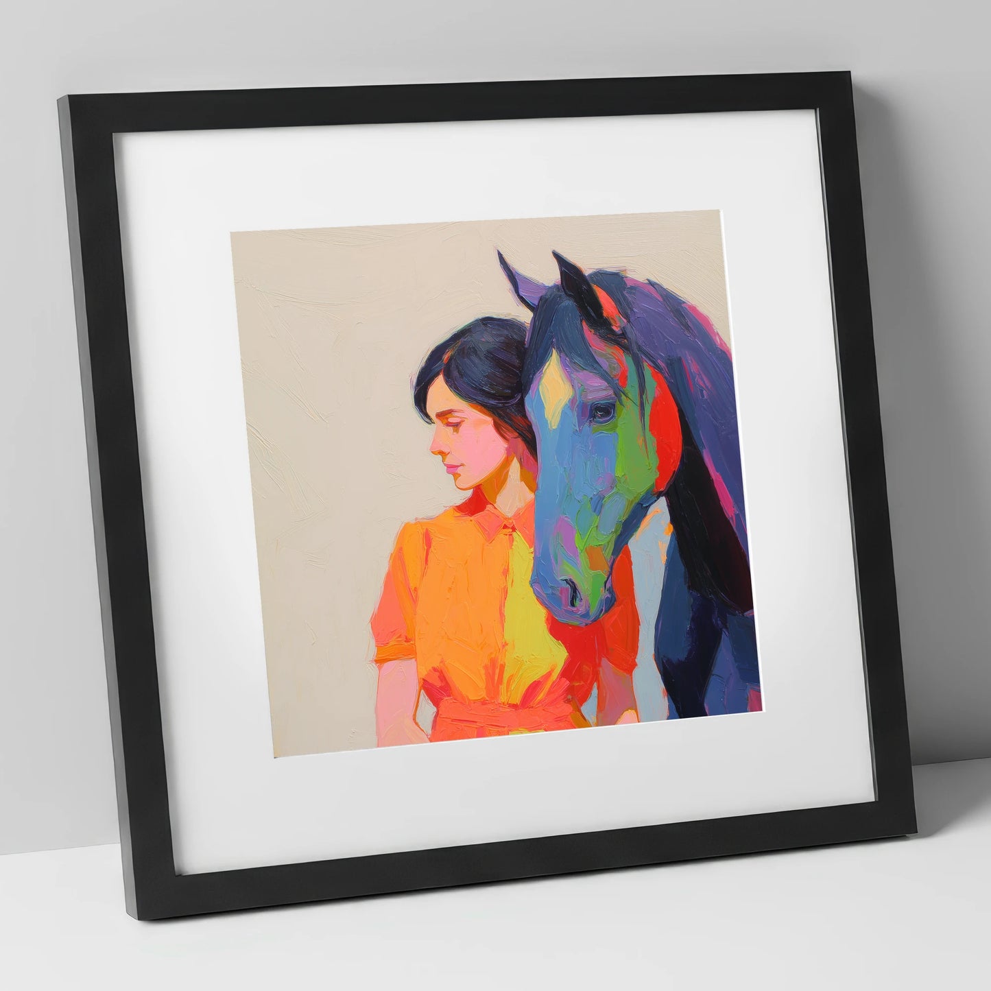 Vivid Companion horse & rider art print in black frame