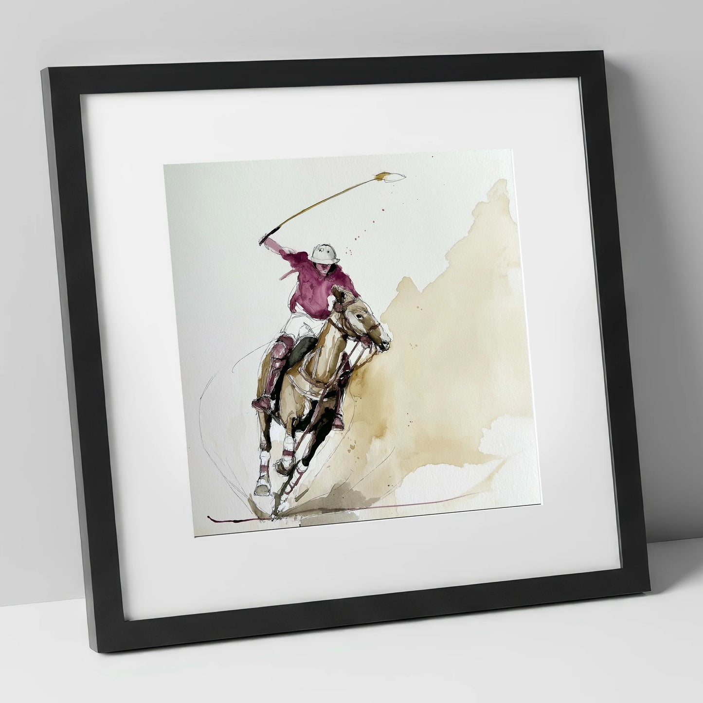 The Decisive Swing polo horse art print in black frame