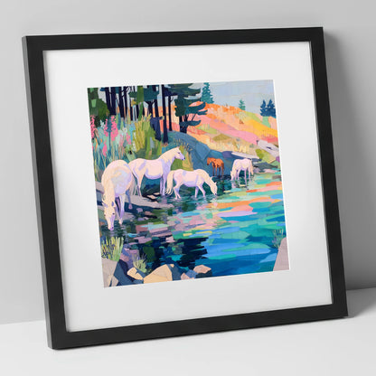 Kaleidoscope Watering Hole wild horses art print in black frame