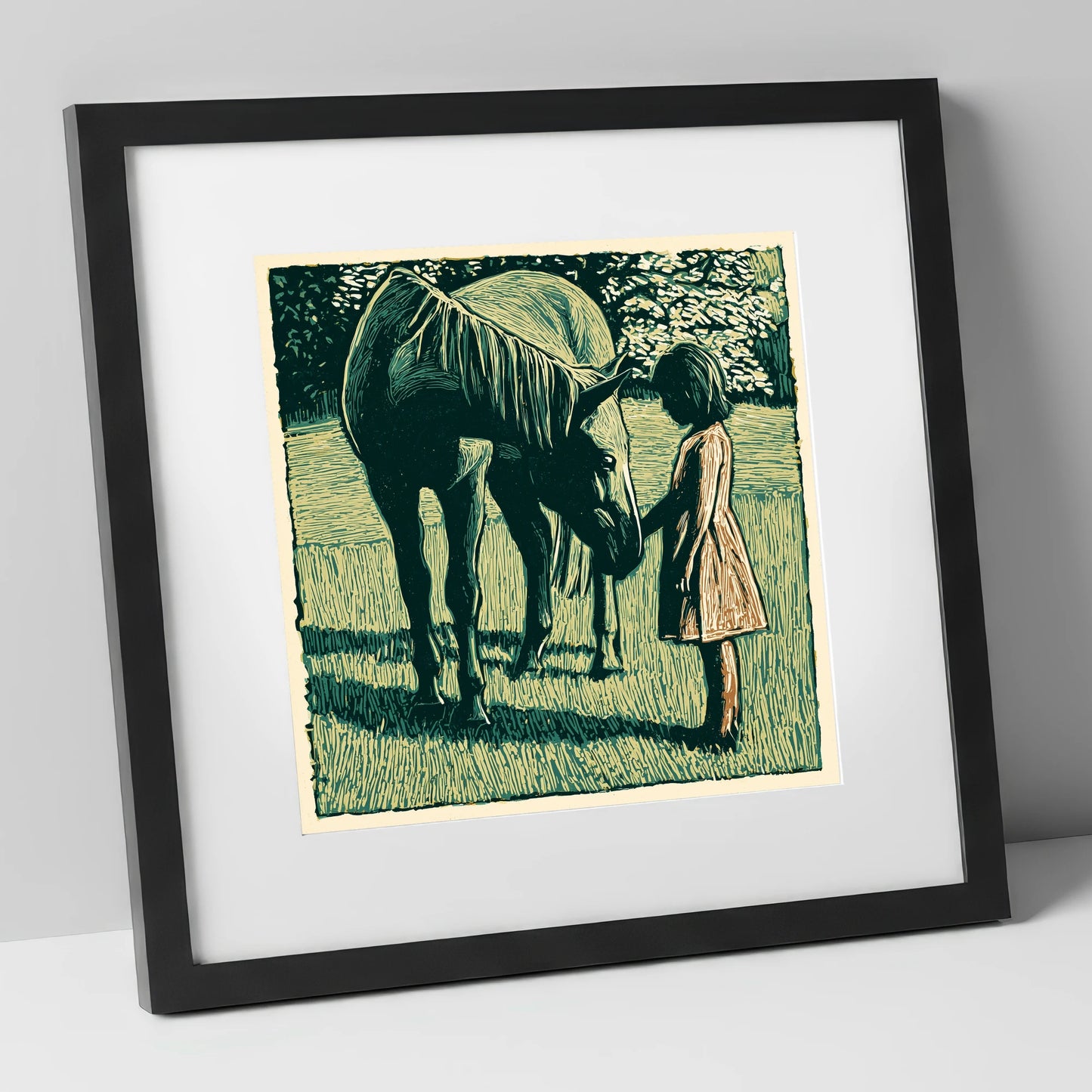 First Greetings horse & rider art print in black frame