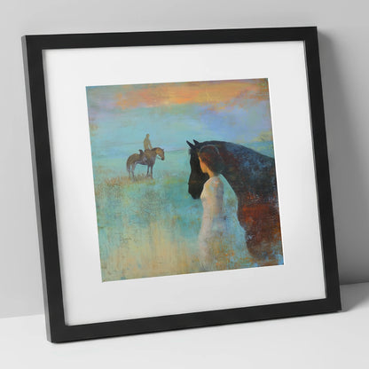 Distant Echoes horse & rider art print in black frame