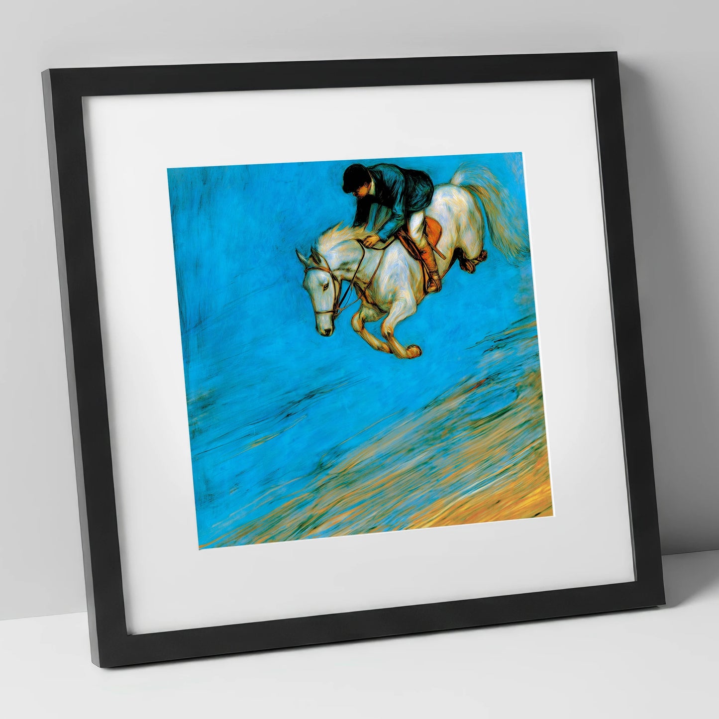Cerulean Flight show jumping horse art print in black frame