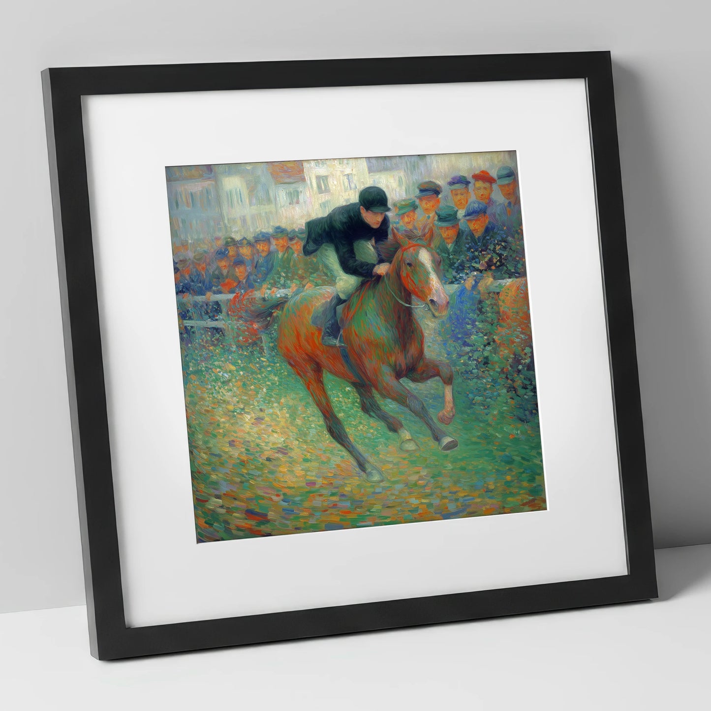 The Finishing Straight racing horse art print in black frame