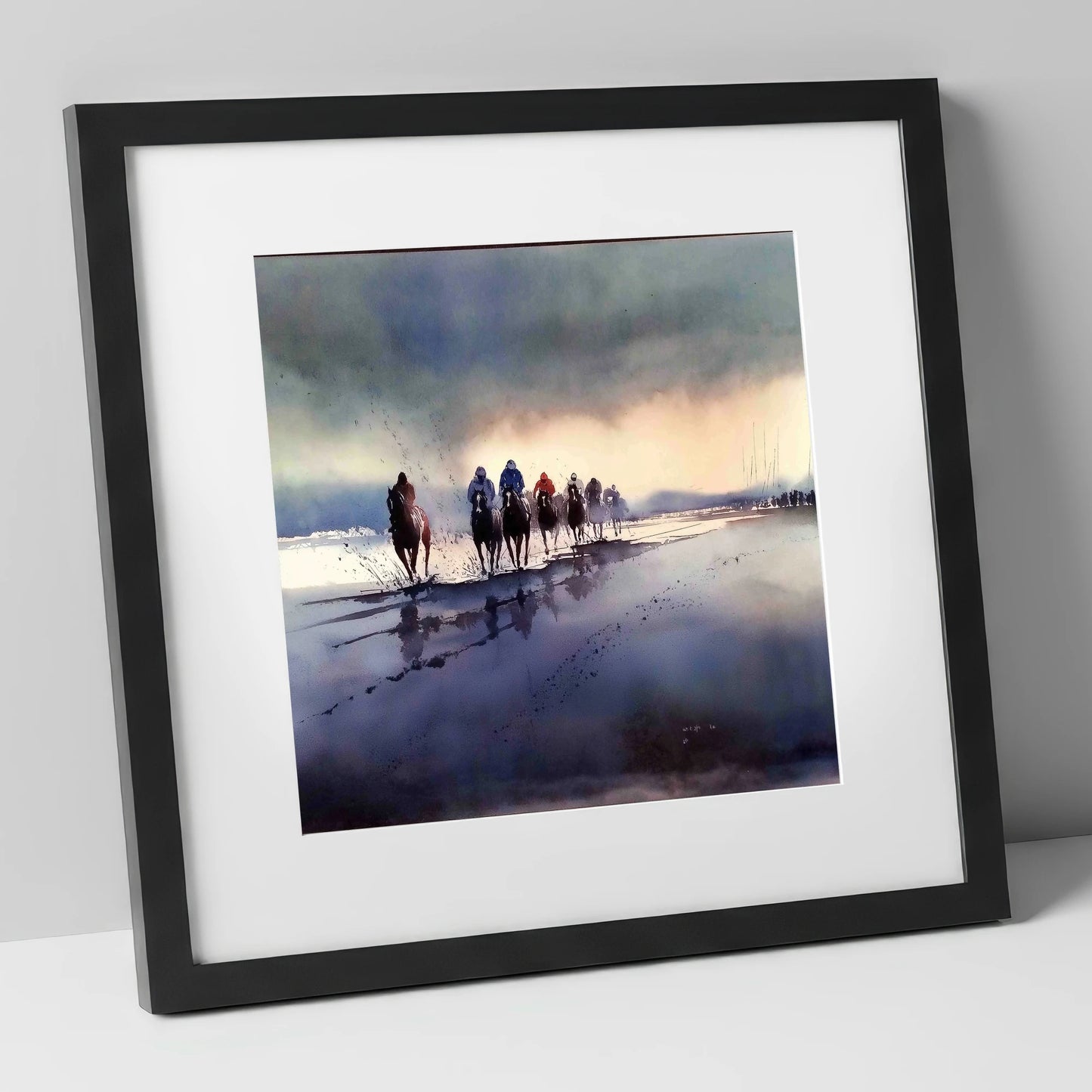 Morning Beach Gallops racing horse art print in black frame