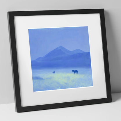 Azure Morning Mist horse landscape art print in black frame