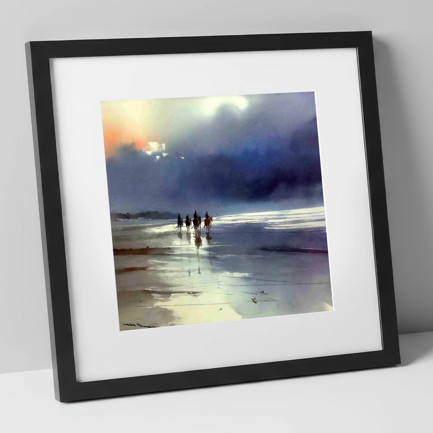 Storm Light Beach Hack horse landscape art print in black frame