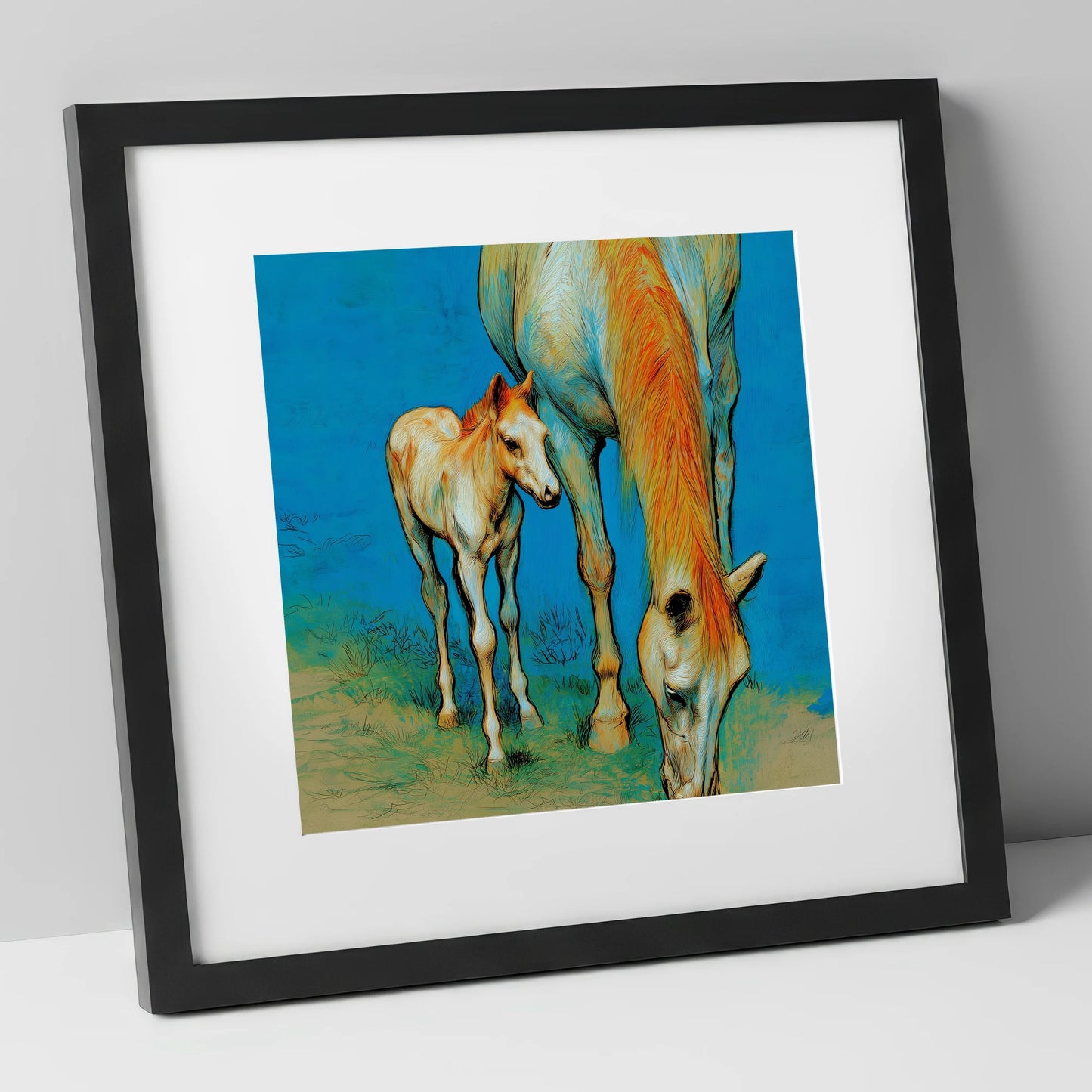 Nurture and Nature mare & foal art print in black frame