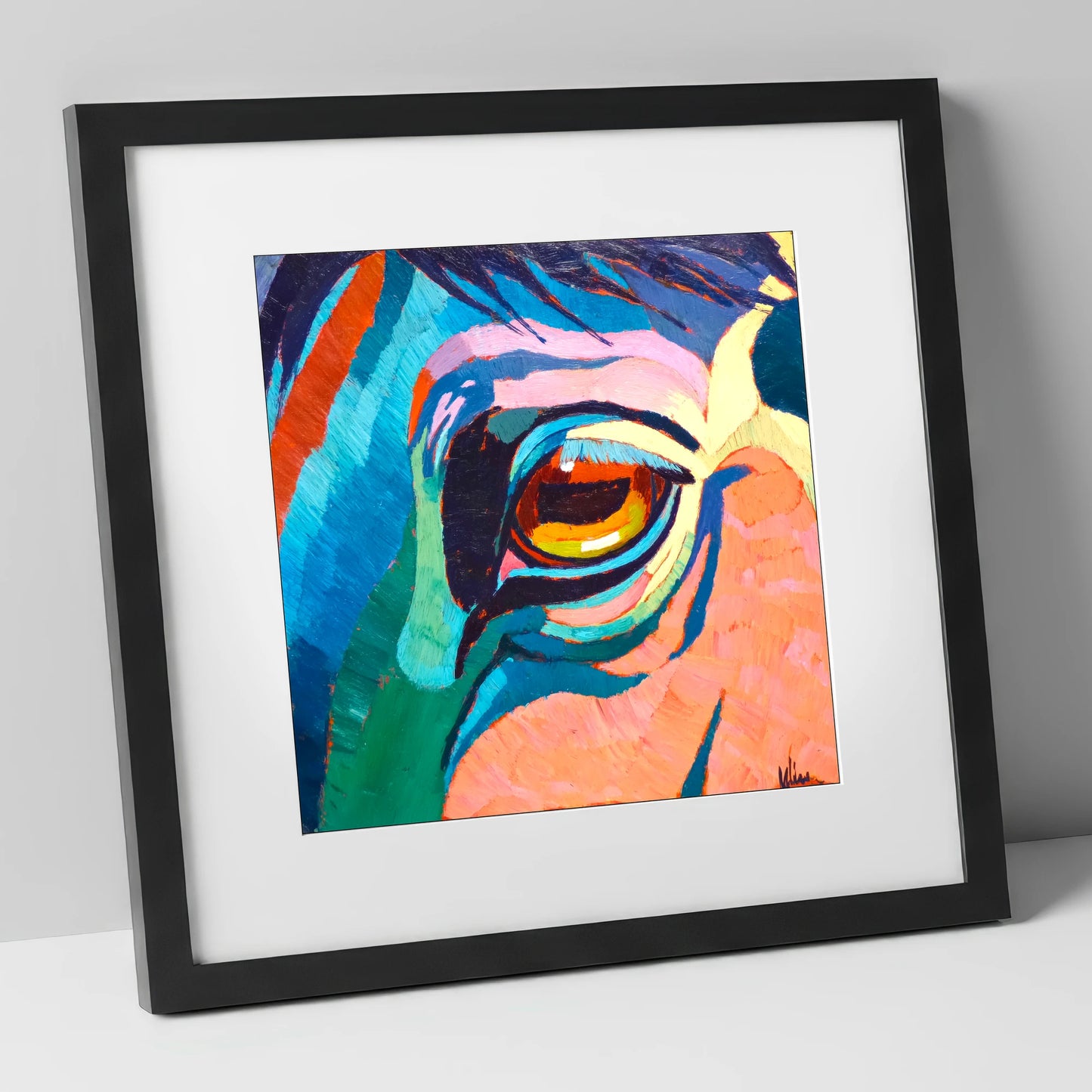Vibrant Equine Gaze horse portrait art print in black frame