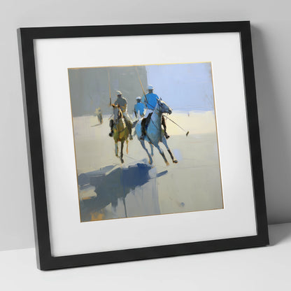 Slate Blue Chukka polo horse art print in black frame