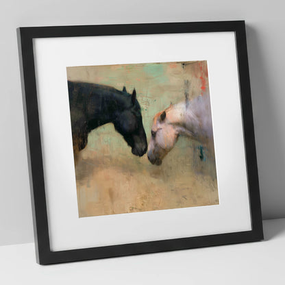 Silent Greeting horse portrait art print in black frame