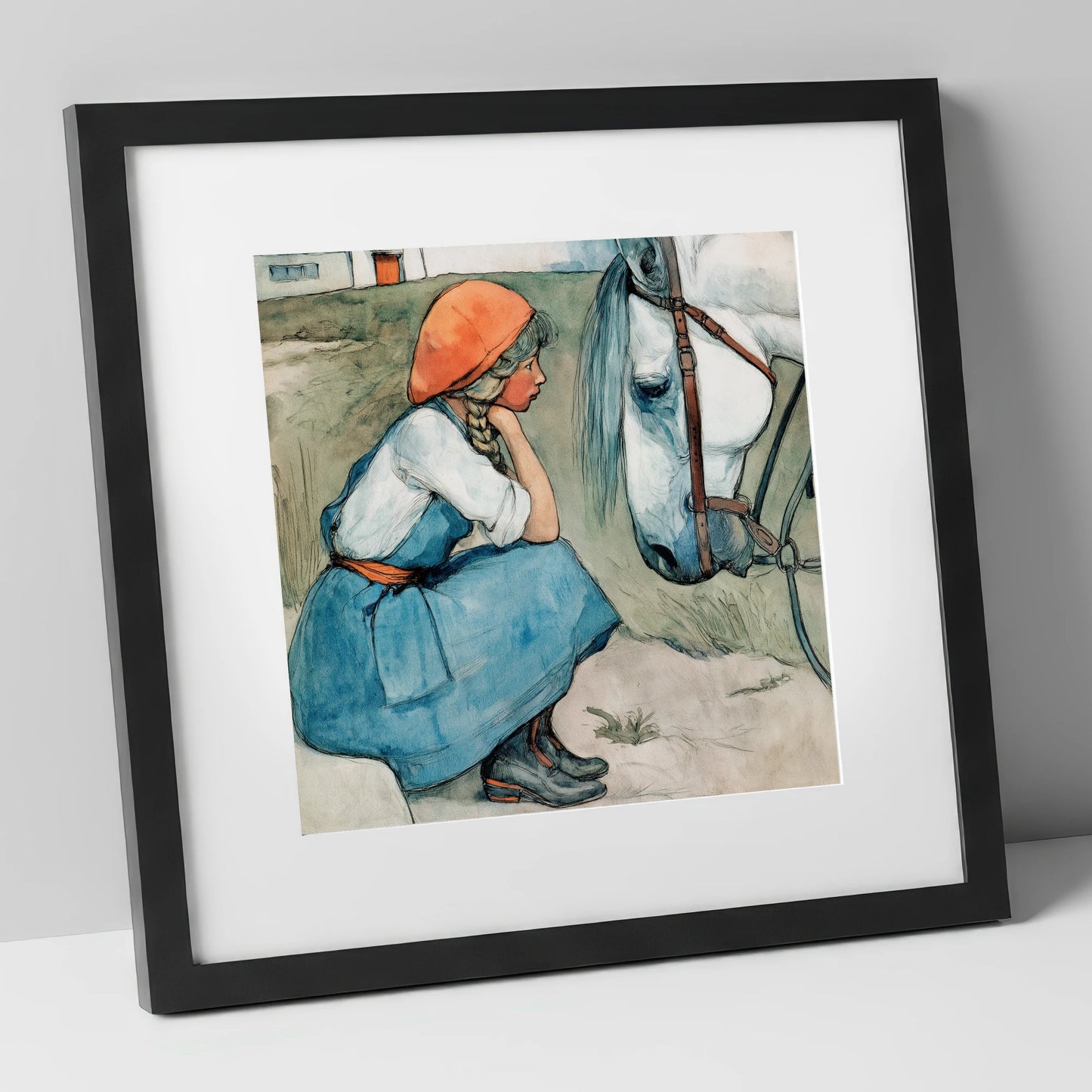 Quiet Moments Together horse & rider art print in black frame