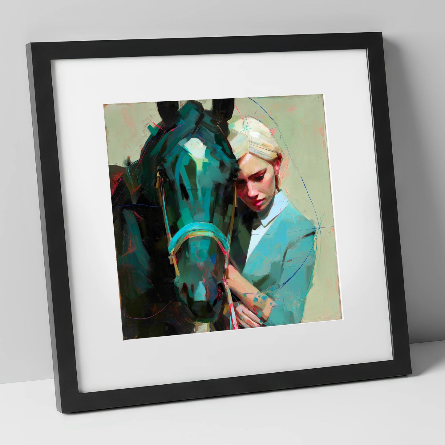 Silent Understanding horse & rider art print in black frame