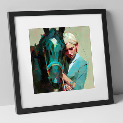 Silent Understanding horse & rider art print in black frame