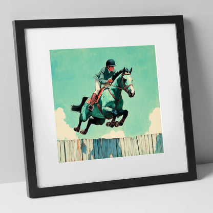 Teal Airborne Leap show jumping horse art print in black frame