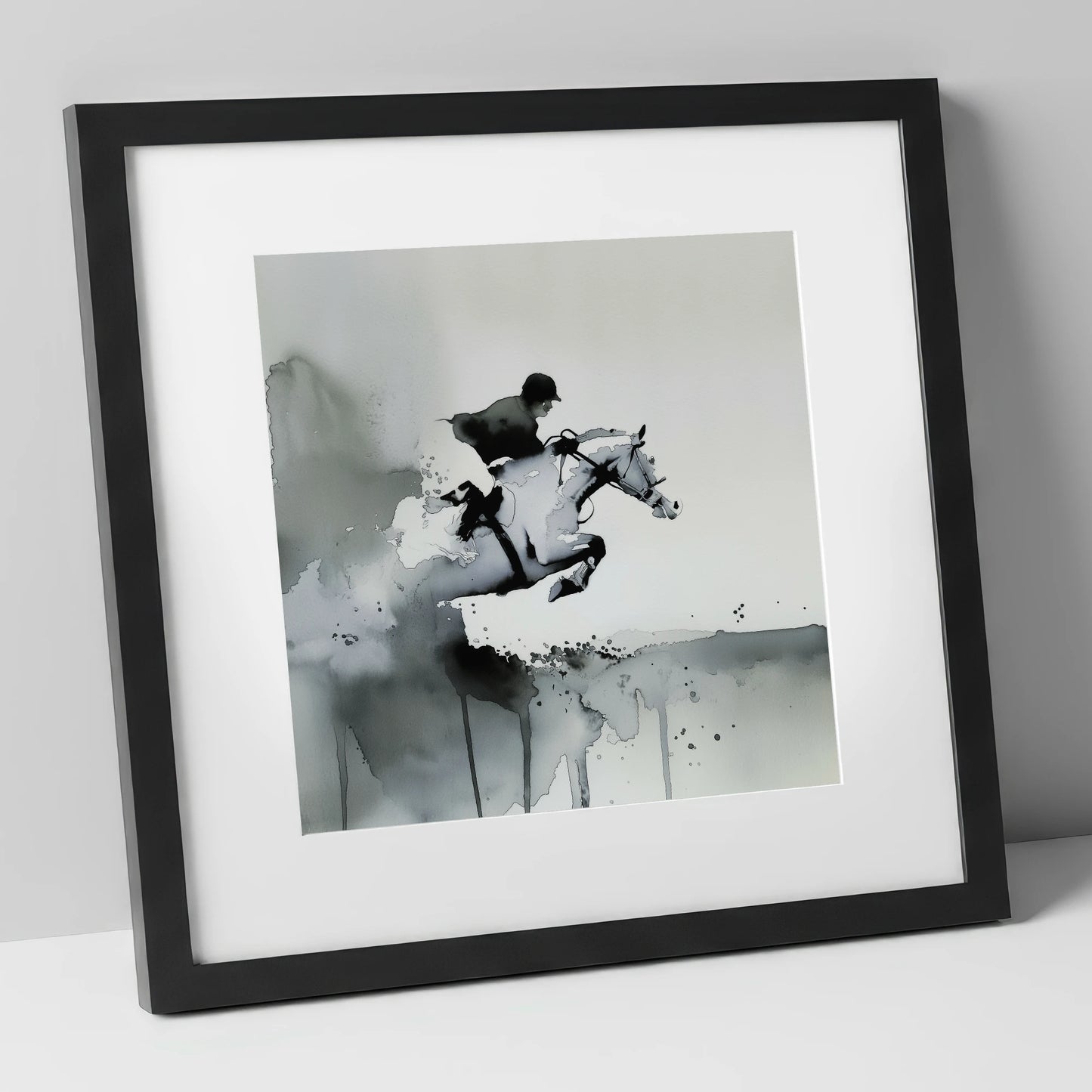 Airborne Shadows show jumping horse art print in black frame