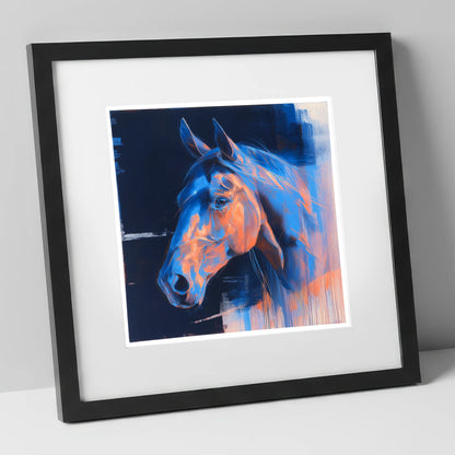 Cobalt and Copper Gaze horse portrait art print in black frame