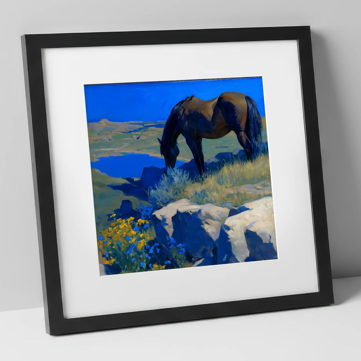 Cobalt Horizon Grazing horse landscape art print in black frame