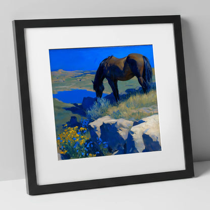 Cobalt Horizon Grazing horse landscape art print in black frame