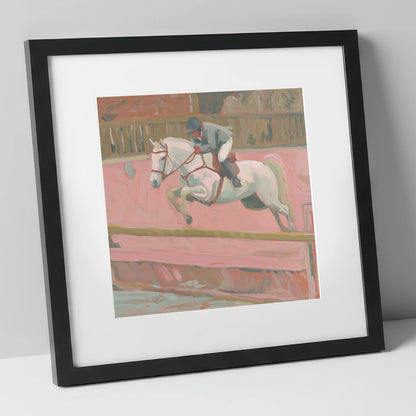 Flight in Dusty Pink show jumping horse art print in black frame