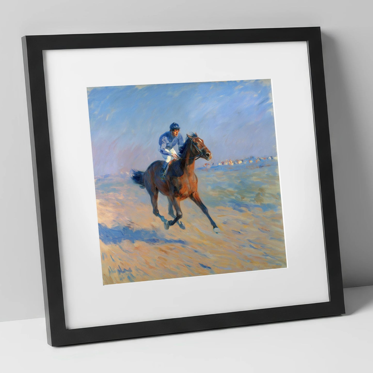 The Morning Gallop racing horse art print in black frame