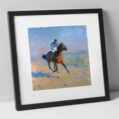 The Morning Gallop racing horse art print in black frame