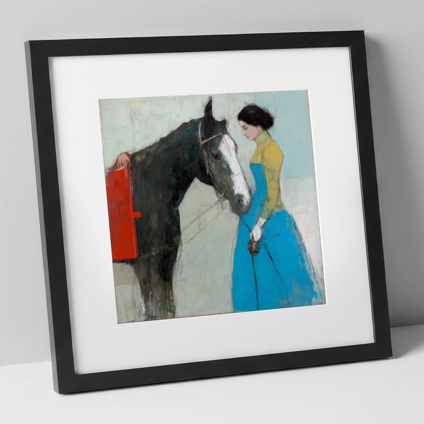 Quiet Connection horse & rider art print in black frame