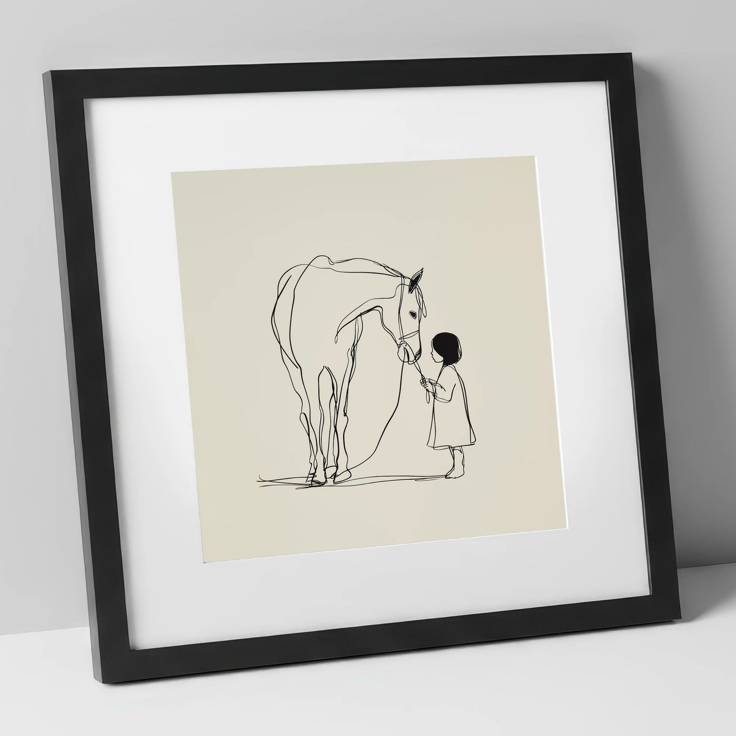 Quiet Trust horse & rider art print in black frame