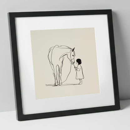 Quiet Trust horse & rider art print in black frame