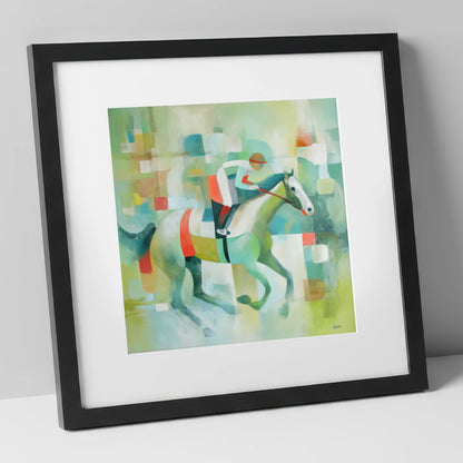 Geometric Gallop racing horse art print in black frame