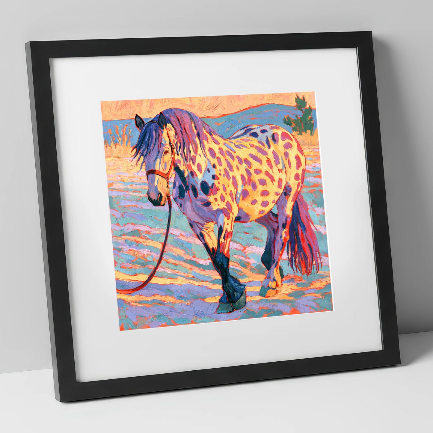 Colourful Appaloosa in Sunset Light horse breed art print in black frame