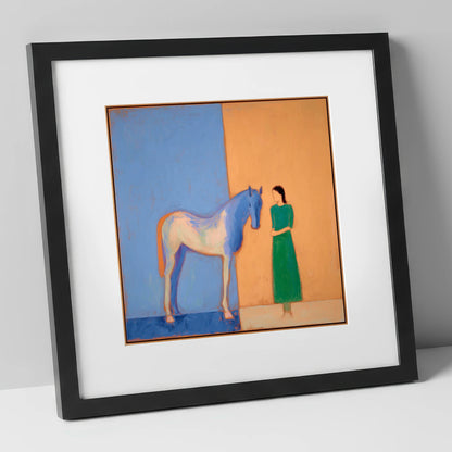 The Silent Bond horse & rider art print in black frame