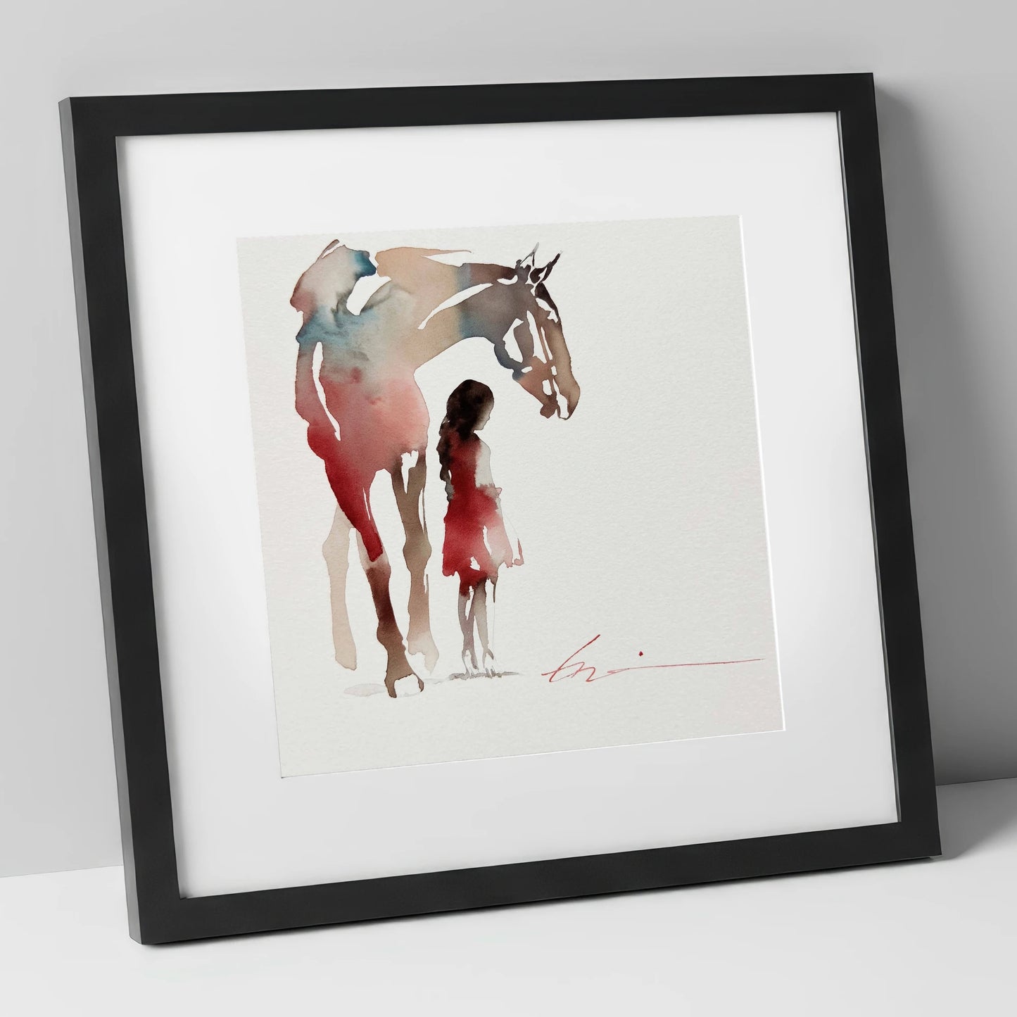 Silent Bond horse & rider art print in black frame