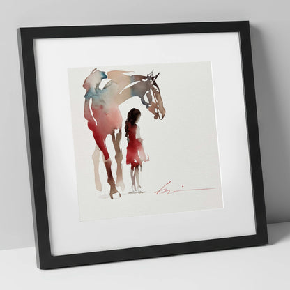 Silent Bond horse & rider art print in black frame