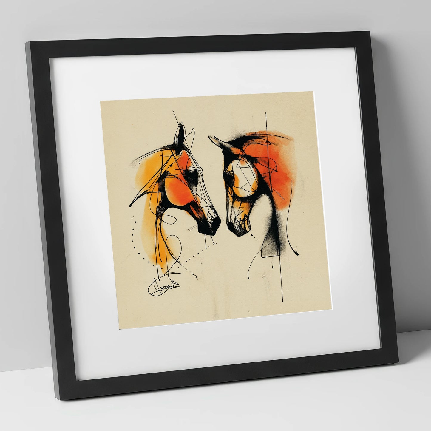 Abstract Amber Dialogue horse portrait art print in black frame