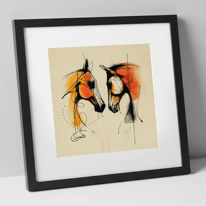 Abstract Amber Dialogue horse portrait art print in black frame