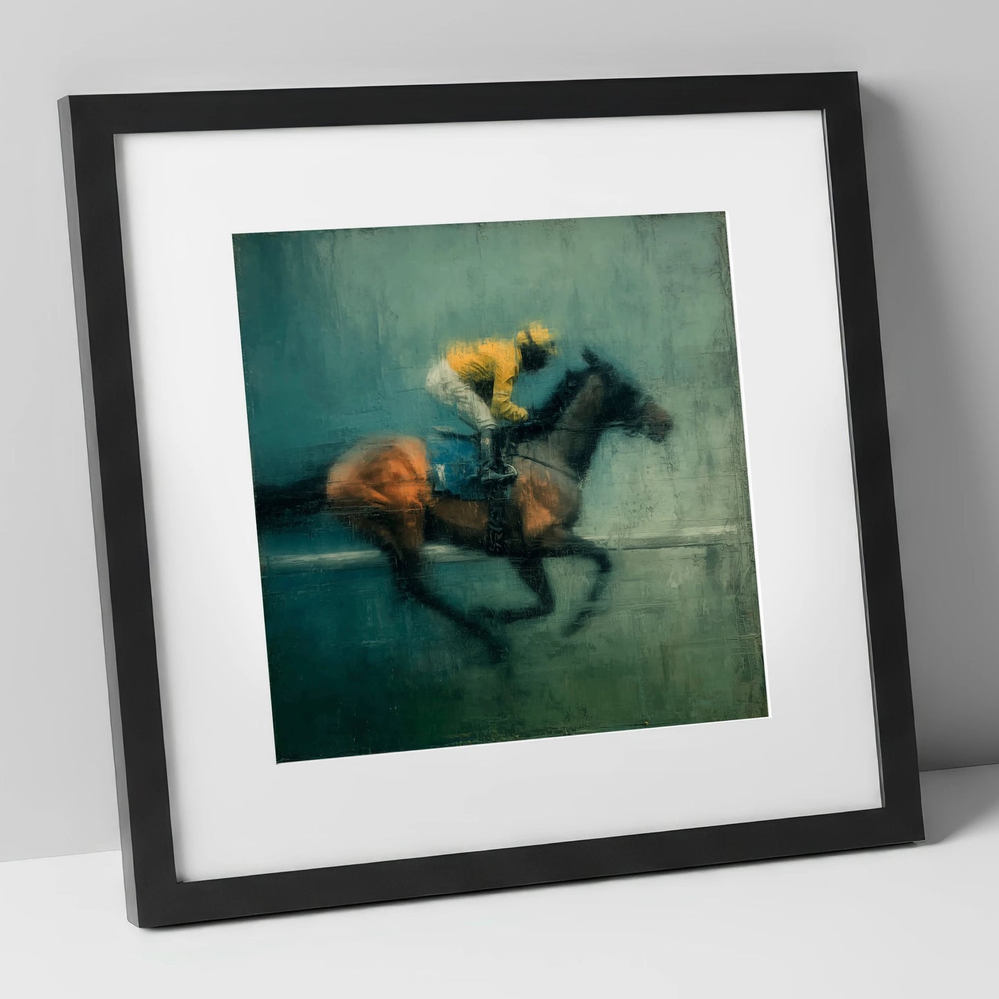 The Final Furlong racing horse art print in black frame