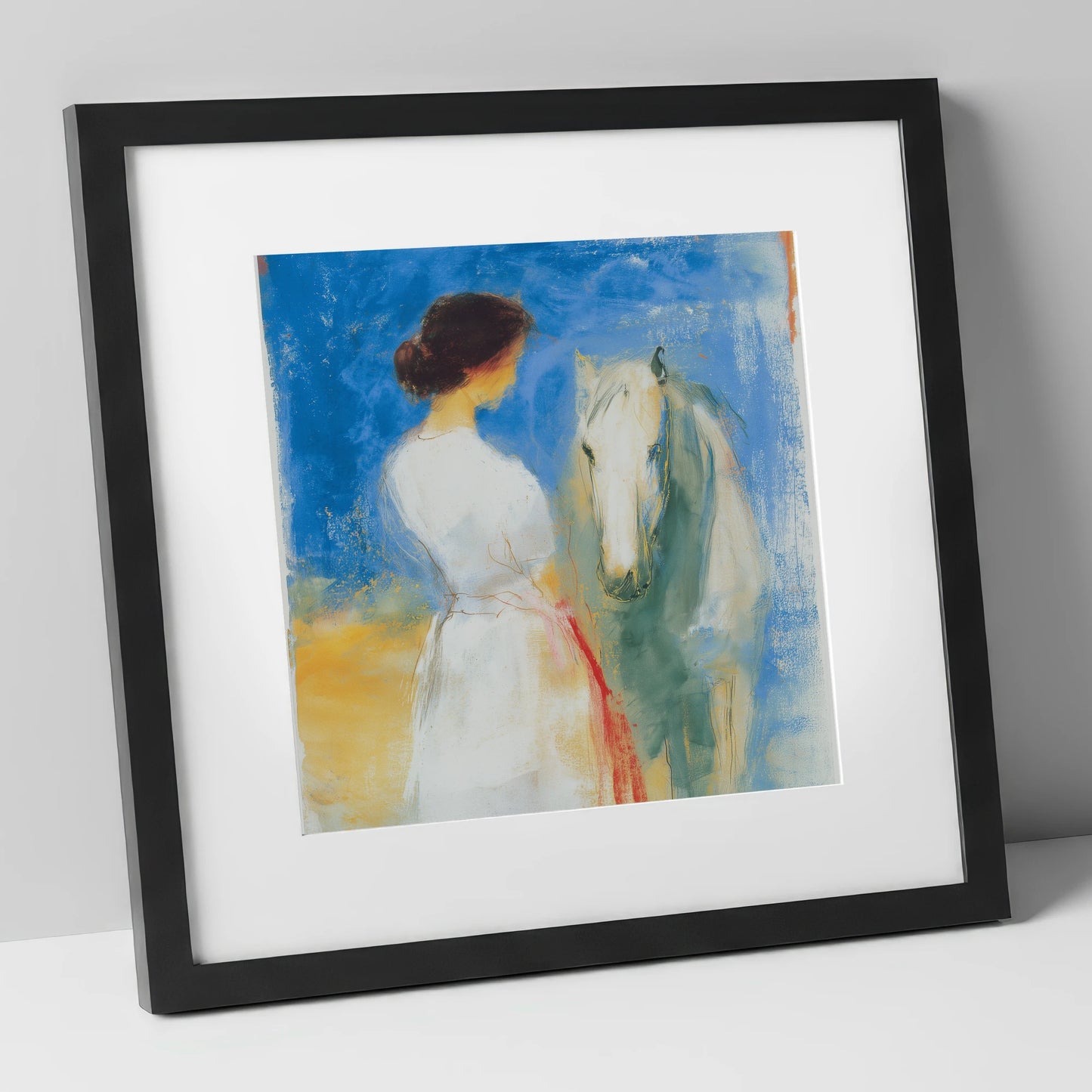 Whispers in Blue horse & rider art print in black frame